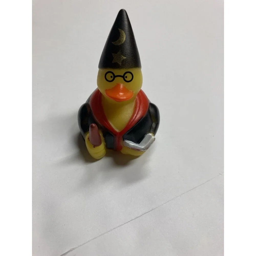 Wizard Duck Figurine Plastic Fantasy w/ Glasses Wand Book Black Hat Moon Stars